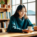**

"A cozy cafe interior in Jeju Island, South Korea. Sunlight streams through large windows overlooking the ocean. A woman in comfortable clothing sits at a wooden table, enjoying a cup of coffee and a slice of mandarin cheesecake. Books and potted plants adorn the shelves. Soft, natural lighting. Warm color palette. safe for work, appropriate content, fully clothed, modest, family-friendly, perfect anatomy, correct proportions, natural pose, well-formed hands, proper finger count, natural body proportions, professional photography, high quality"

**