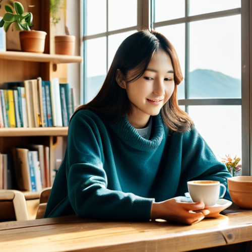 Home 4 **
"A cozy cafe interior in Jeju Island, South Korea. Sunlight streams through large windows overlooking the ocean. A woman in comfortable clothing sits at a wooden table, enjoying a cup of coffee and a slice of mandarin cheesecake. Books and potted plants adorn the shelves. Soft, natural lighting. Warm color palette. safe for work, appropriate content, fully clothed, modest, family-friendly, perfect anatomy, correct proportions, natural pose, well-formed hands, proper finger count, natural body proportions, professional photography, high quality"
**