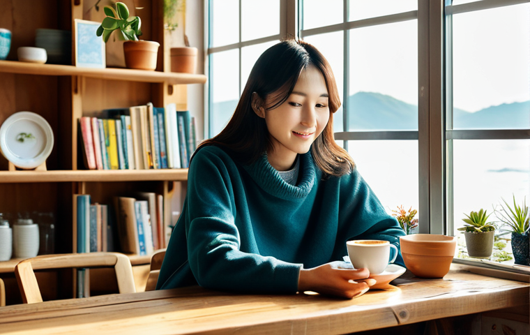 **

"A cozy cafe interior in Jeju Island, South Korea. Sunlight streams through large windows overlooking the ocean. A woman in comfortable clothing sits at a wooden table, enjoying a cup of coffee and a slice of mandarin cheesecake. Books and potted plants adorn the shelves. Soft, natural lighting. Warm color palette. safe for work, appropriate content, fully clothed, modest, family-friendly, perfect anatomy, correct proportions, natural pose, well-formed hands, proper finger count, natural body proportions, professional photography, high quality"

**
